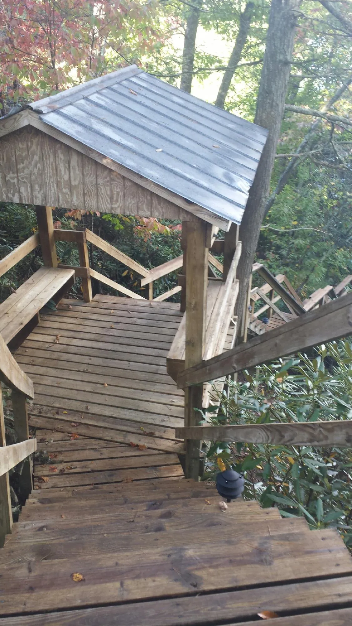 Metal roofed shelter over wooden steps on a wooded walkway — Skylight Repair & Installation work by our crew in Hudgins